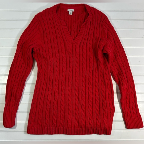 LL Bean Red Cable Knit Sweater Women’s Size Large V Neck Cotton - Picture 7 of 13
